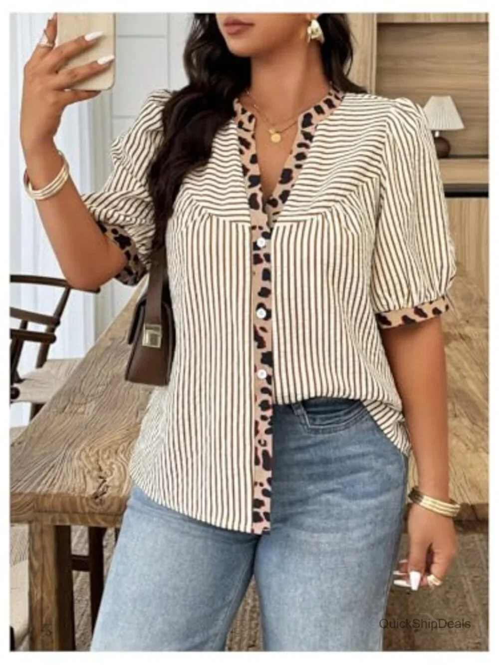 Leopard Button Up Blouse | Notched V Neck Half Sleeve | Business Casual Top